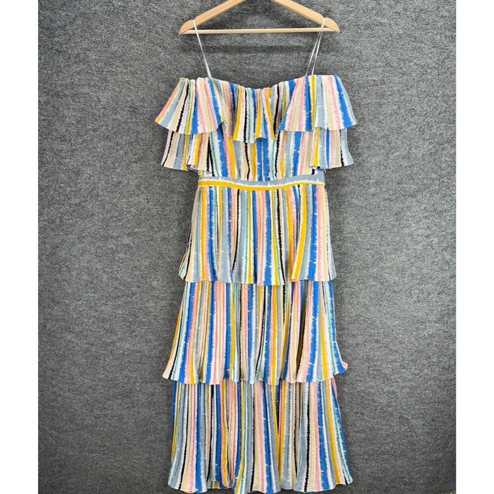 New WHY Dress Women L Large Blue Striped Shift Midi Ruffle Zipper Strapless